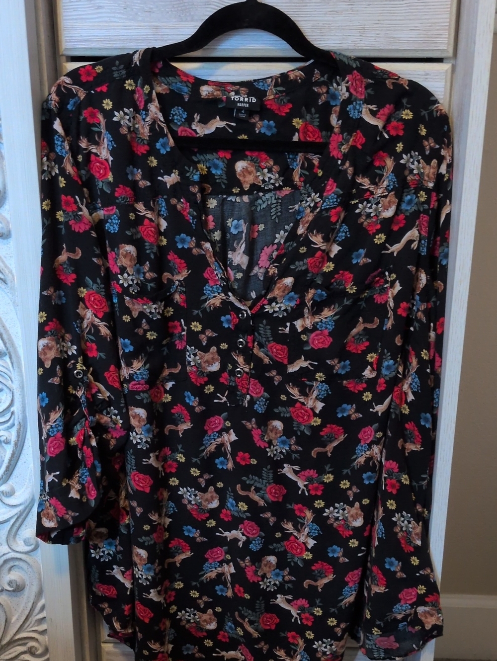 torrid Black Floral Henley Tunic with Multi-Color Blooms